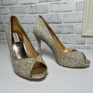 Badgley Mischka Gold Sparkle Peep Toe Heels Bridal Princess Shoes size 9